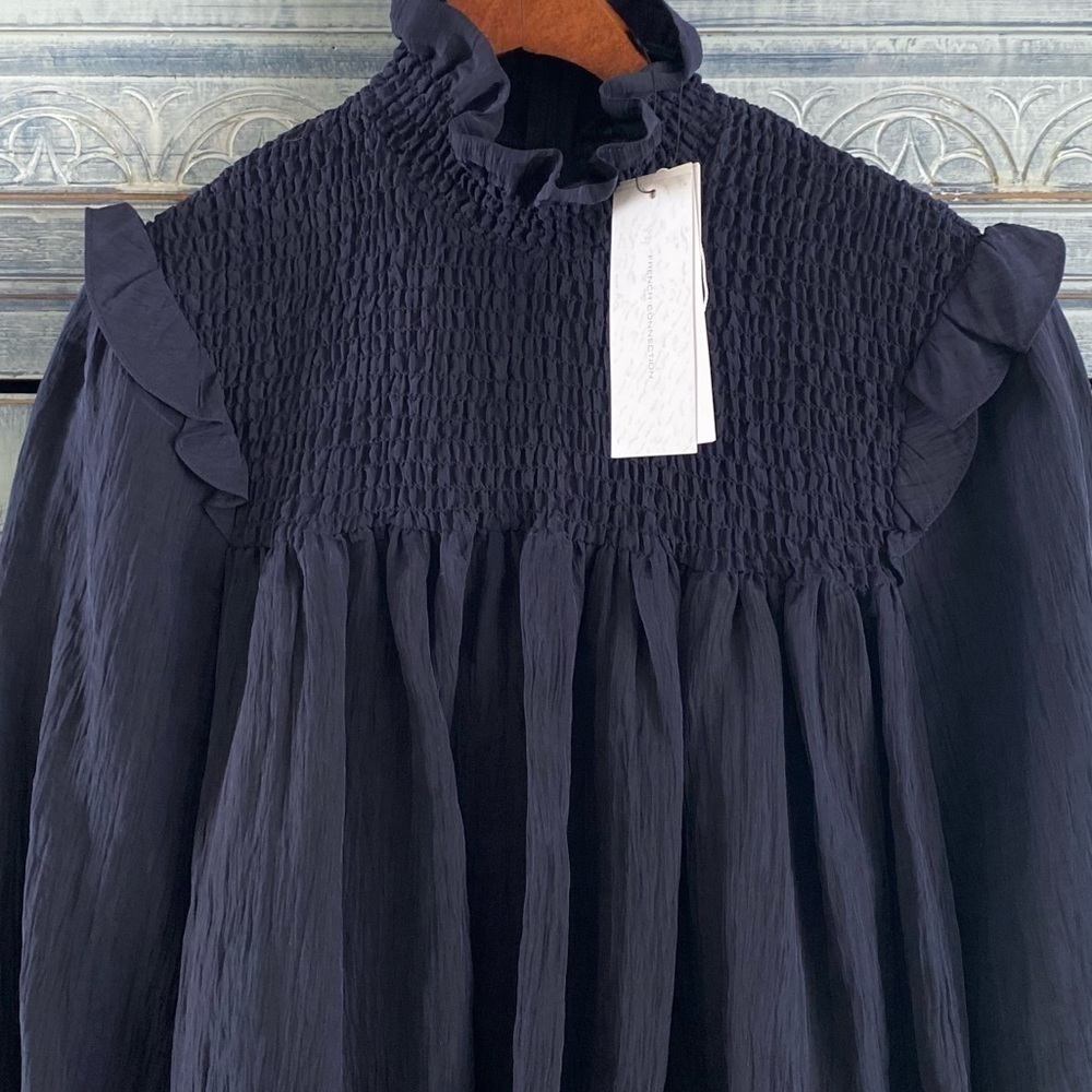 French Connection Boza Ruffle Neck Blouse, Utility Blue - Picture 5 of 14